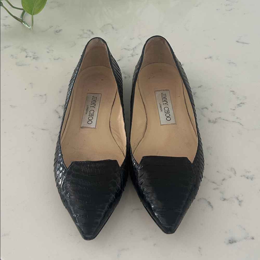 Jimmy Choo Black Textured Pointed Flats